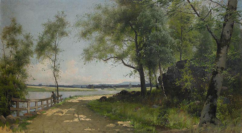 Mauritz Lindstrom Sommarlandskap med vag vid vatten oil painting picture